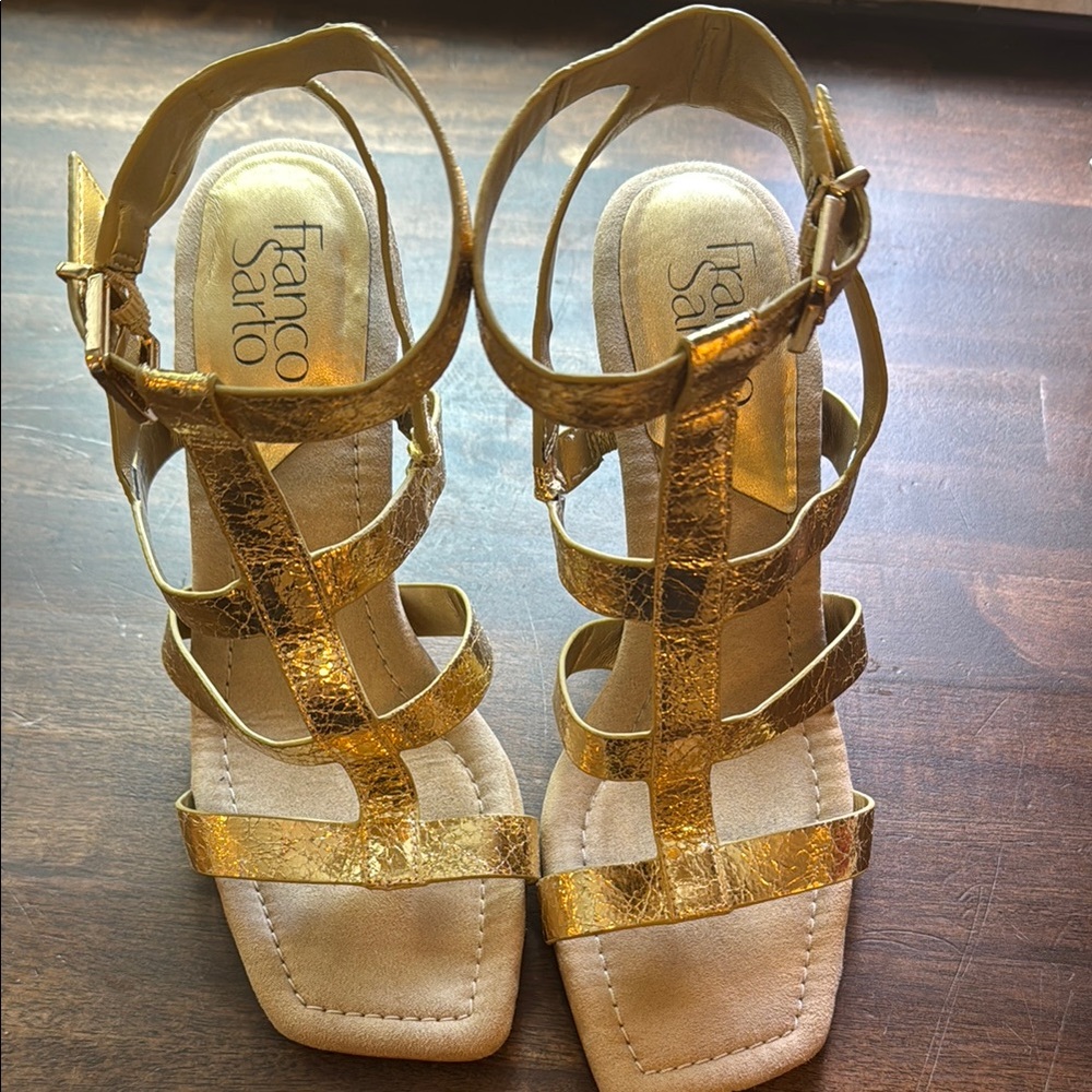 Franco Sarto Gold Heeled Sandals Elegant Strappy Design